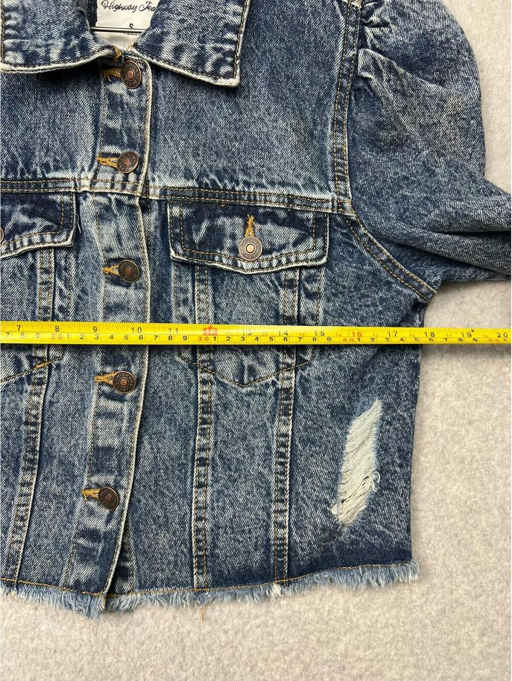 Highway Jeans Jacket Denim Puffed Sleeves Ripped Distressed Crop S USA Med Wash - Picture 4 of 7